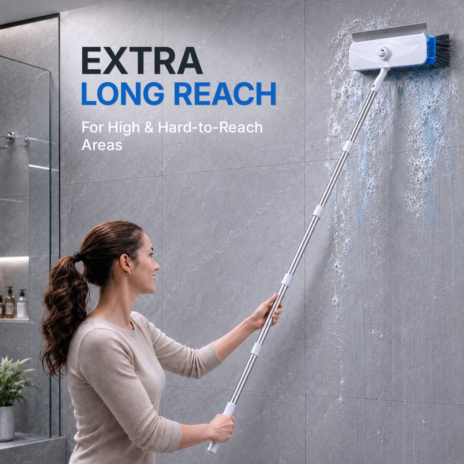 DSV 3-in-1 Floor Scrub Brush with Liquid Dispenser, Long Handle Cleaning Brush 57.5'' with Built-In 248 mL Reservoir, Rubber Squeegee & Stiff Bristles for Tile, Bathroom, Kitchen & Patio
