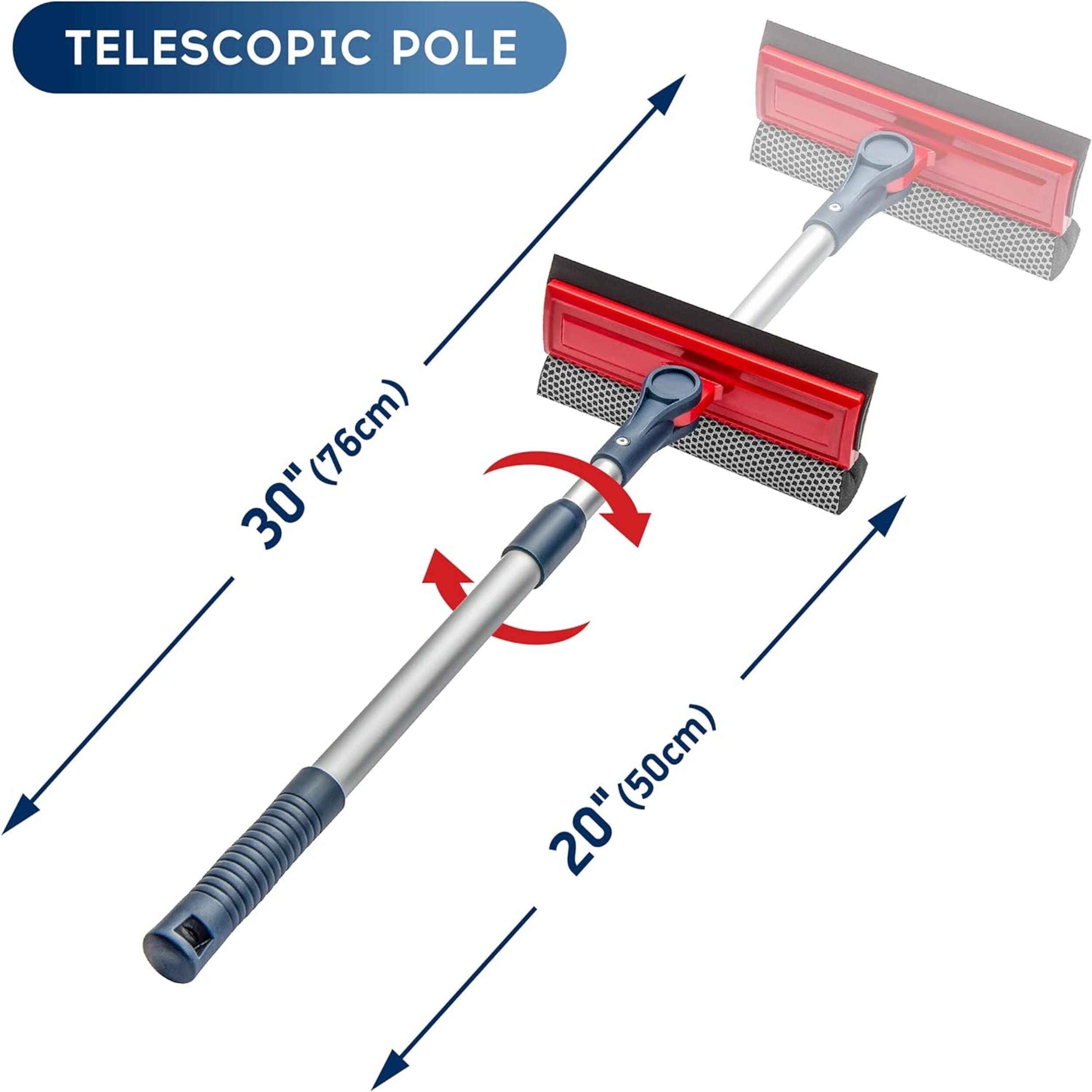 DSV Standard Professional Window Squeegee | 2-in-1 Window Cleaner Sponge and Soft Rubber Strip With Telescopic Extension Pole 20"-30" | Clean From Multiple Angles