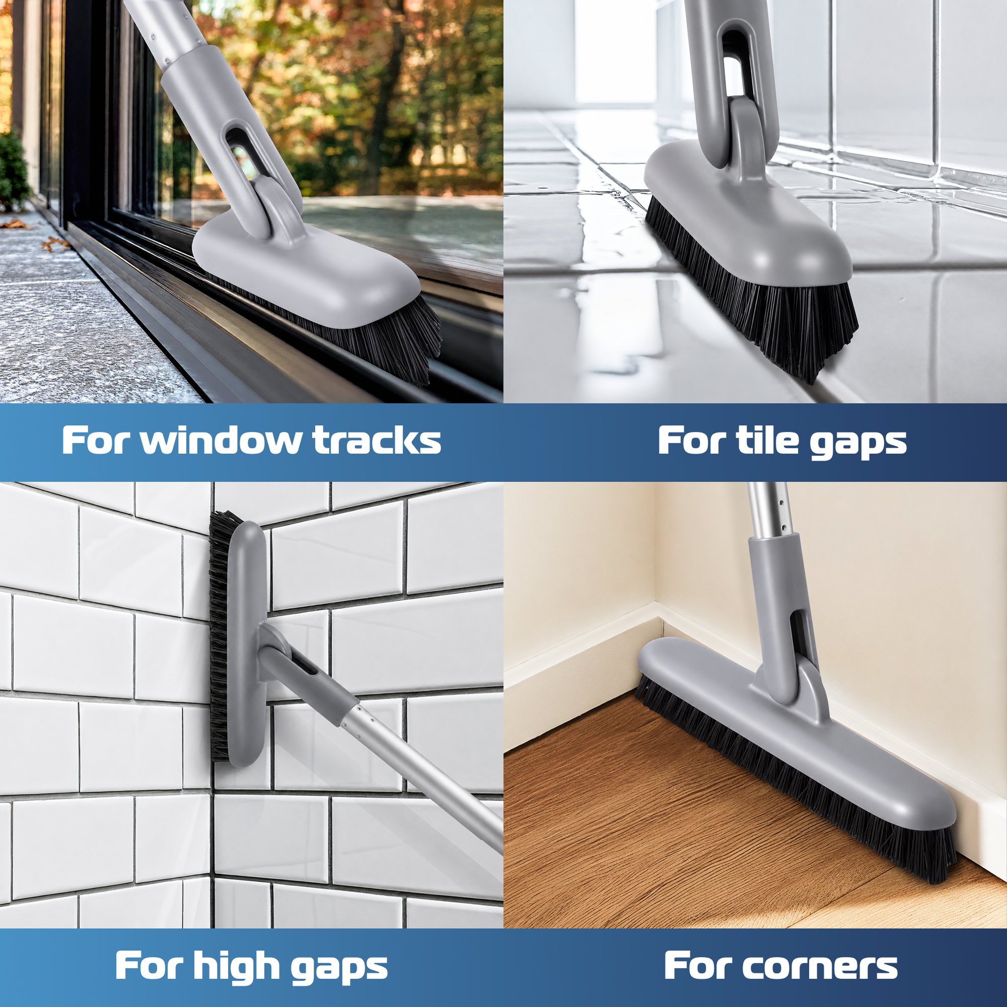 DSV Standard Grout Scrubber with Long Handle, 50 Inches Tile Grout Cleaner, V-Shape Crevice Cleaning Brush for Hard to Reach Areas, 180° Rotation Grout Cleaner