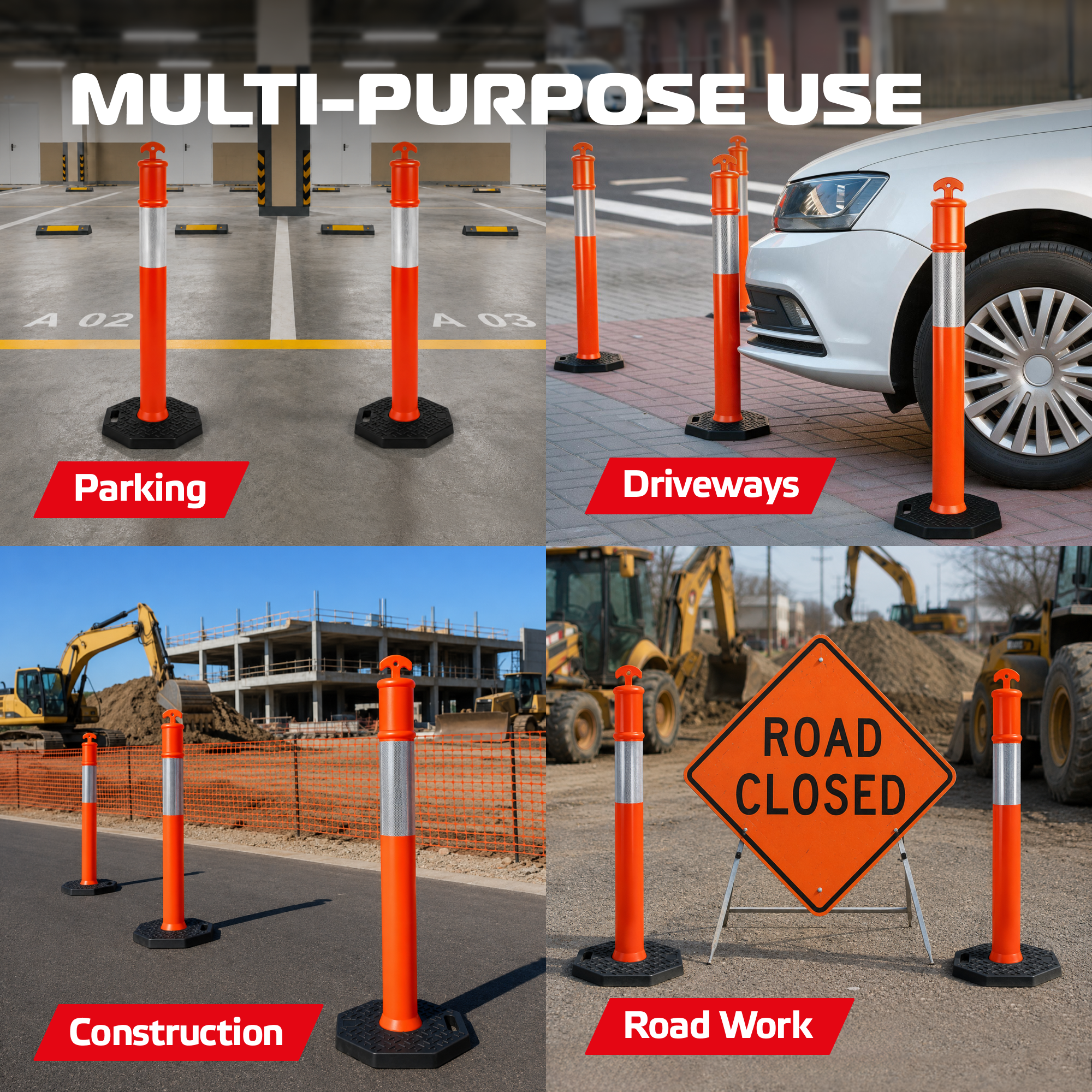 DSV 45’' Traffic Delineator Post with Heavy Duty Rubber Base, Impact-Resistant Traffic Cones with Reflective Collars for Driving Practice, Construction Work, 3 Pack, Orange