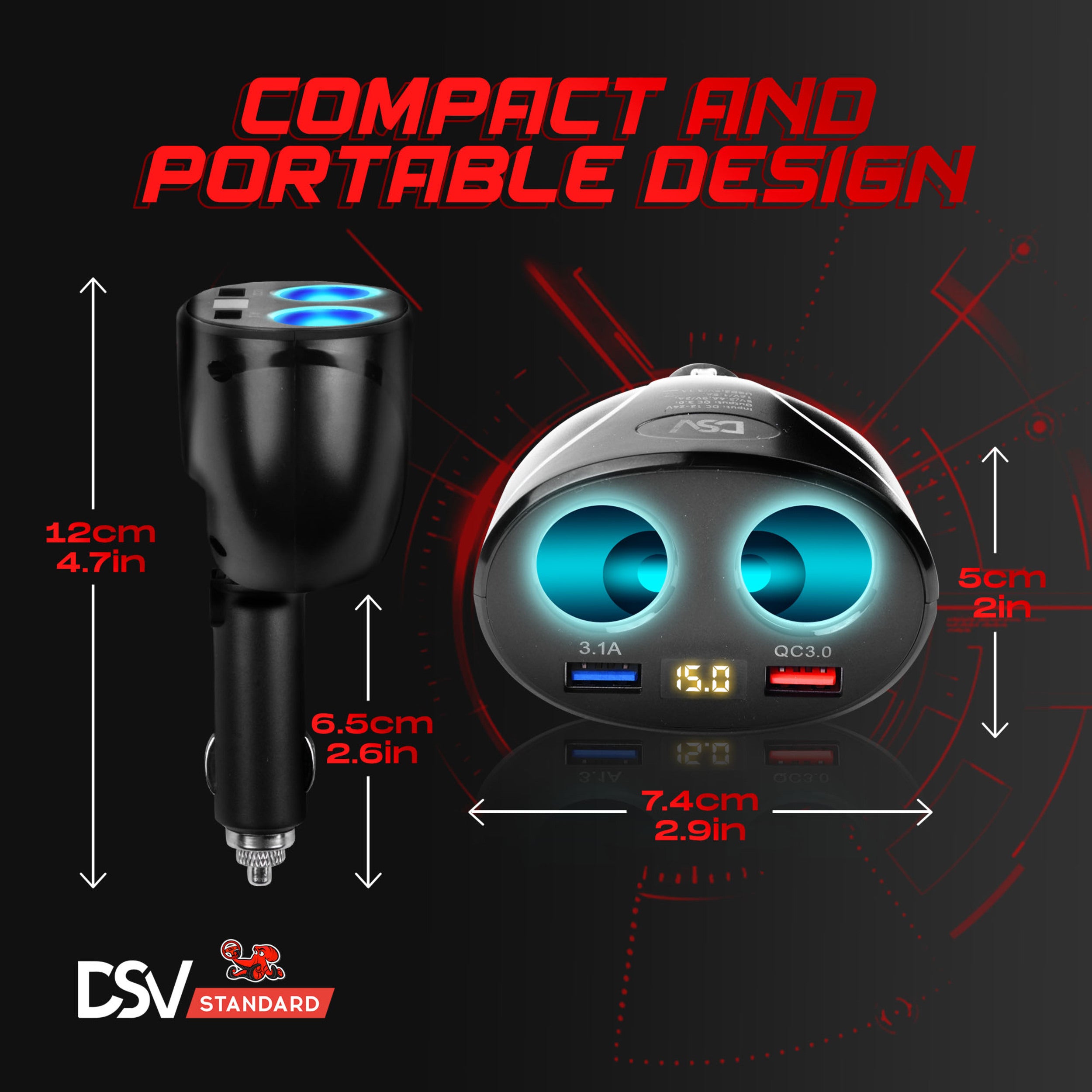 DSV Standard USB Car Charger 2 Socket Cigarette Lighter Usb Charger 12V/24V Dual 3.1A & QC3.0 Fast Charging, Cigarette Lighter Adapter Separate Switch LED Voltage Display