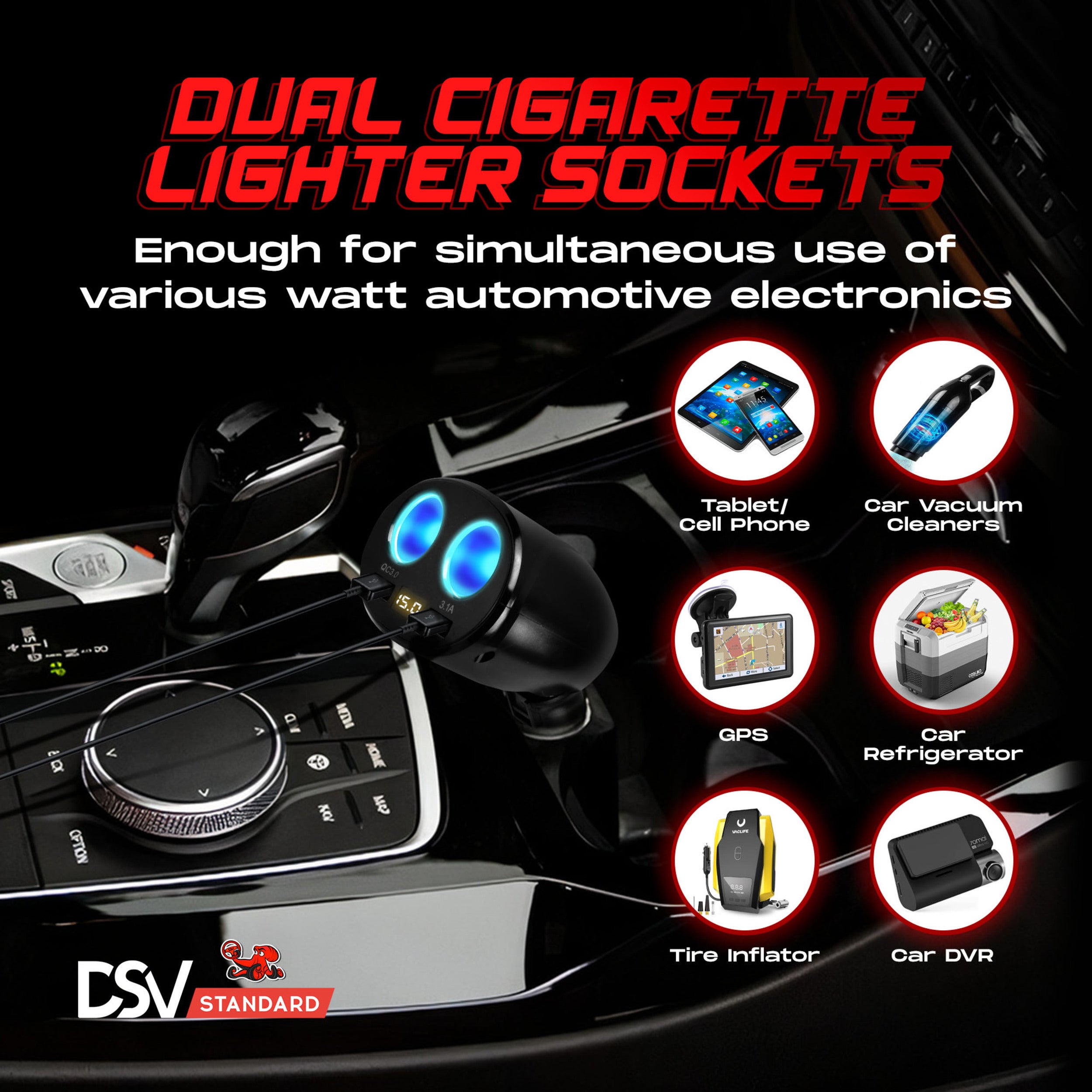 DSV Standard USB Car Charger 2 Socket Cigarette Lighter Usb Charger 12V/24V Dual 3.1A & QC3.0 Fast Charging, Cigarette Lighter Adapter Separate Switch LED Voltage Display