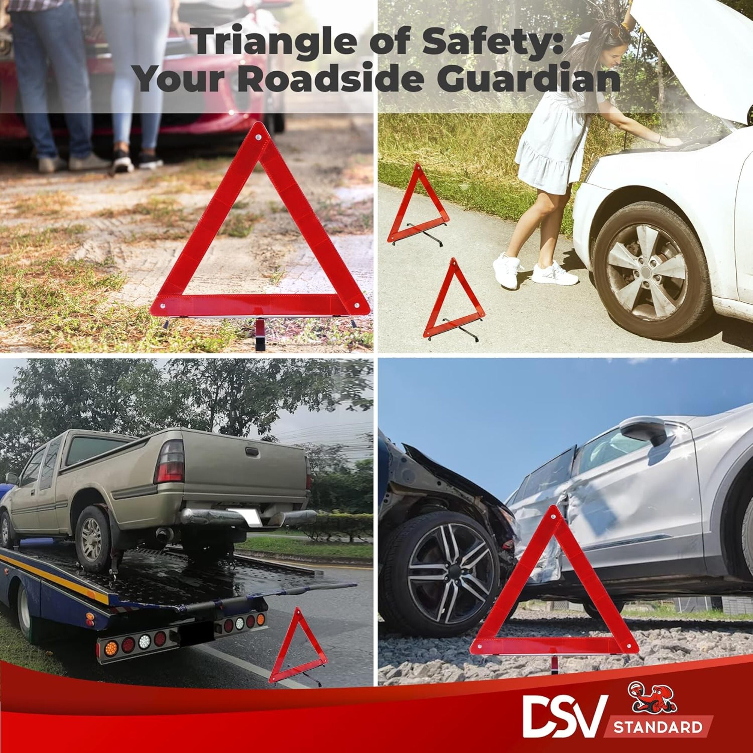 DSV Standard Warning Triangles, Reflective Triangles with Reinforced Cross Base and Carrying Case, Safety Triangles, 3 Pack & Carrying Case Included