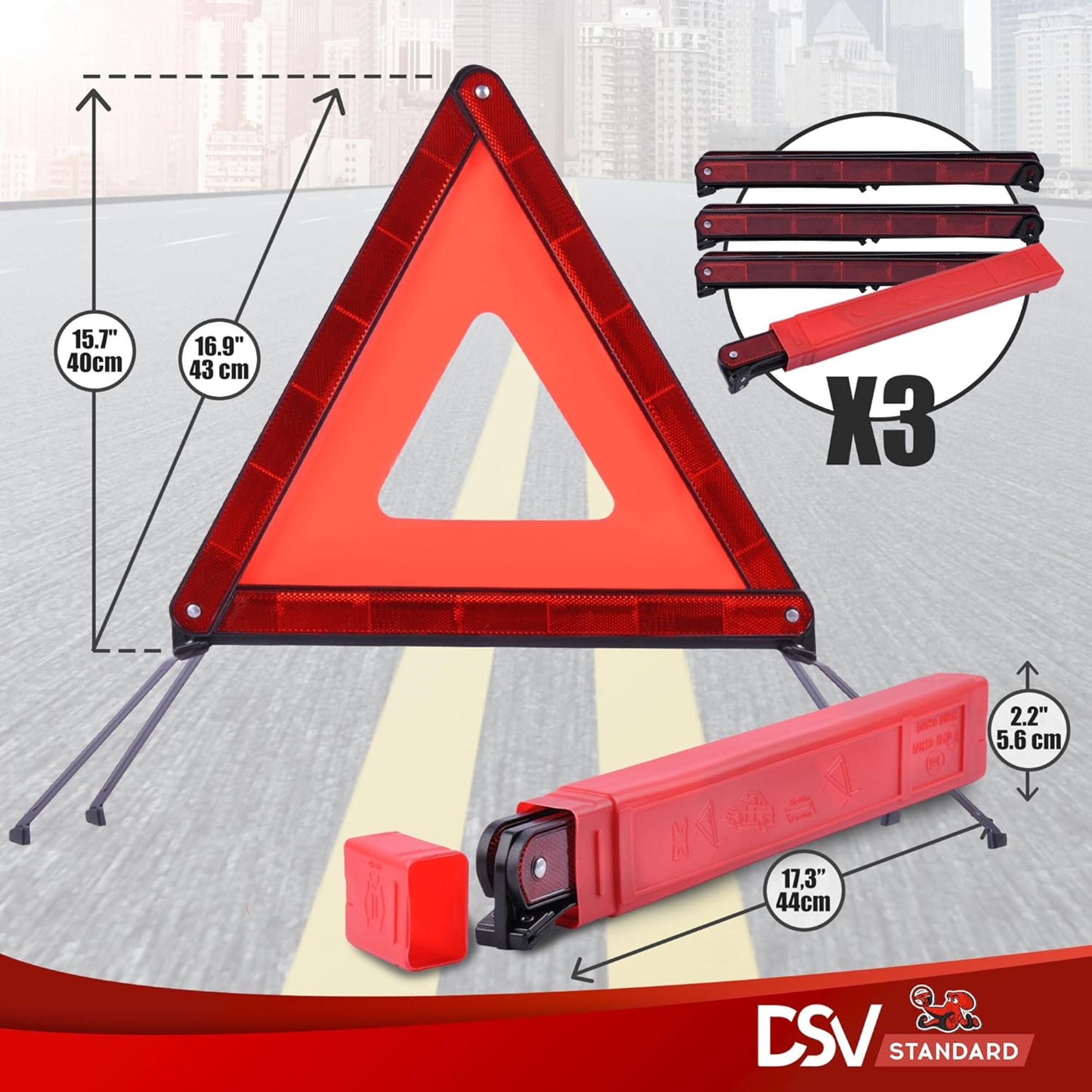 DSV Standard Emergency Triangles, Warning Triangles for Vehicles, Reflective Triangle, Safety Triangles with Case for Vehicles Breakdown, 3-Pack