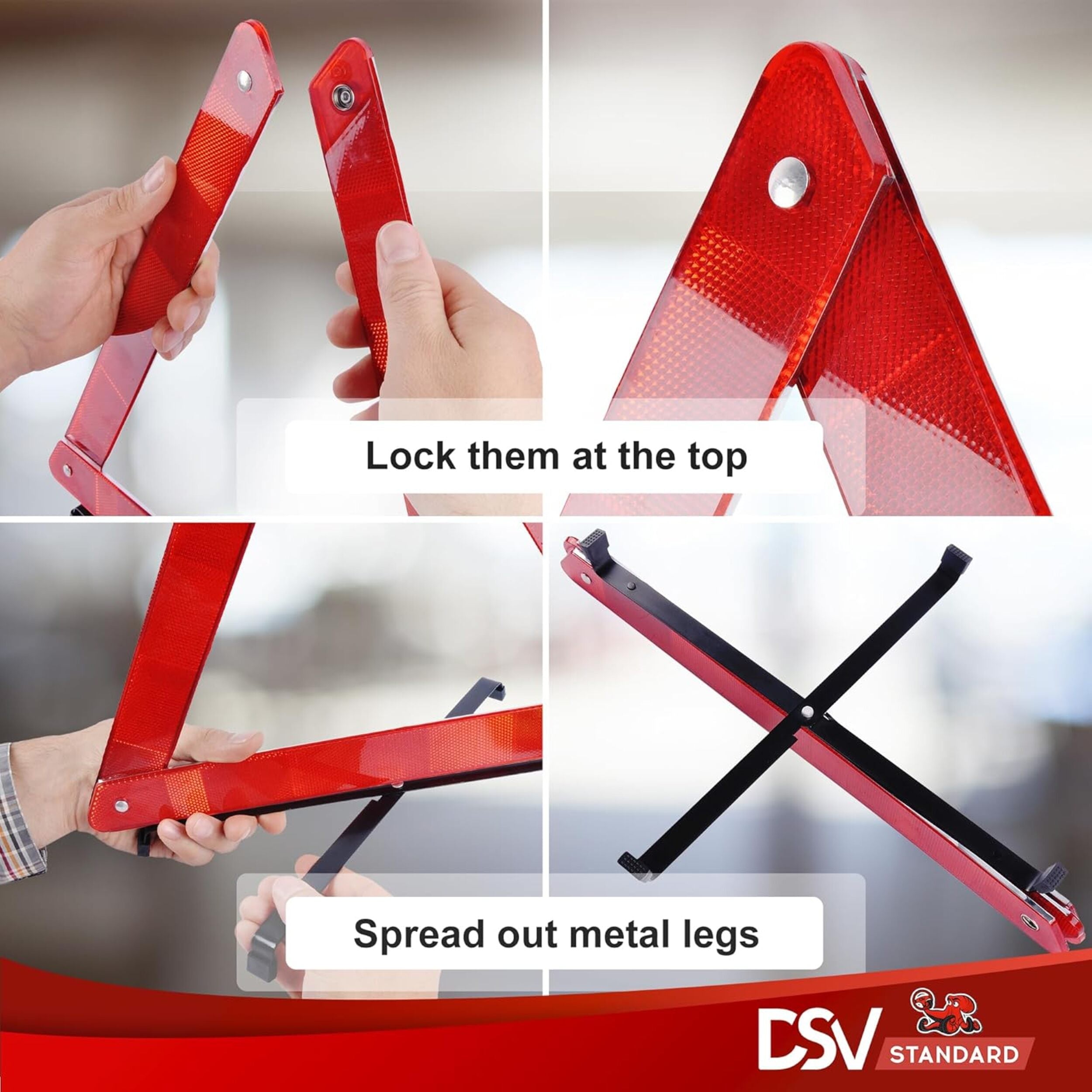 DSV Standard Warning Triangles, Reflective Triangles with Reinforced Cross Base and Carrying Case, Safety Triangles, 3 Pack & Carrying Case Included