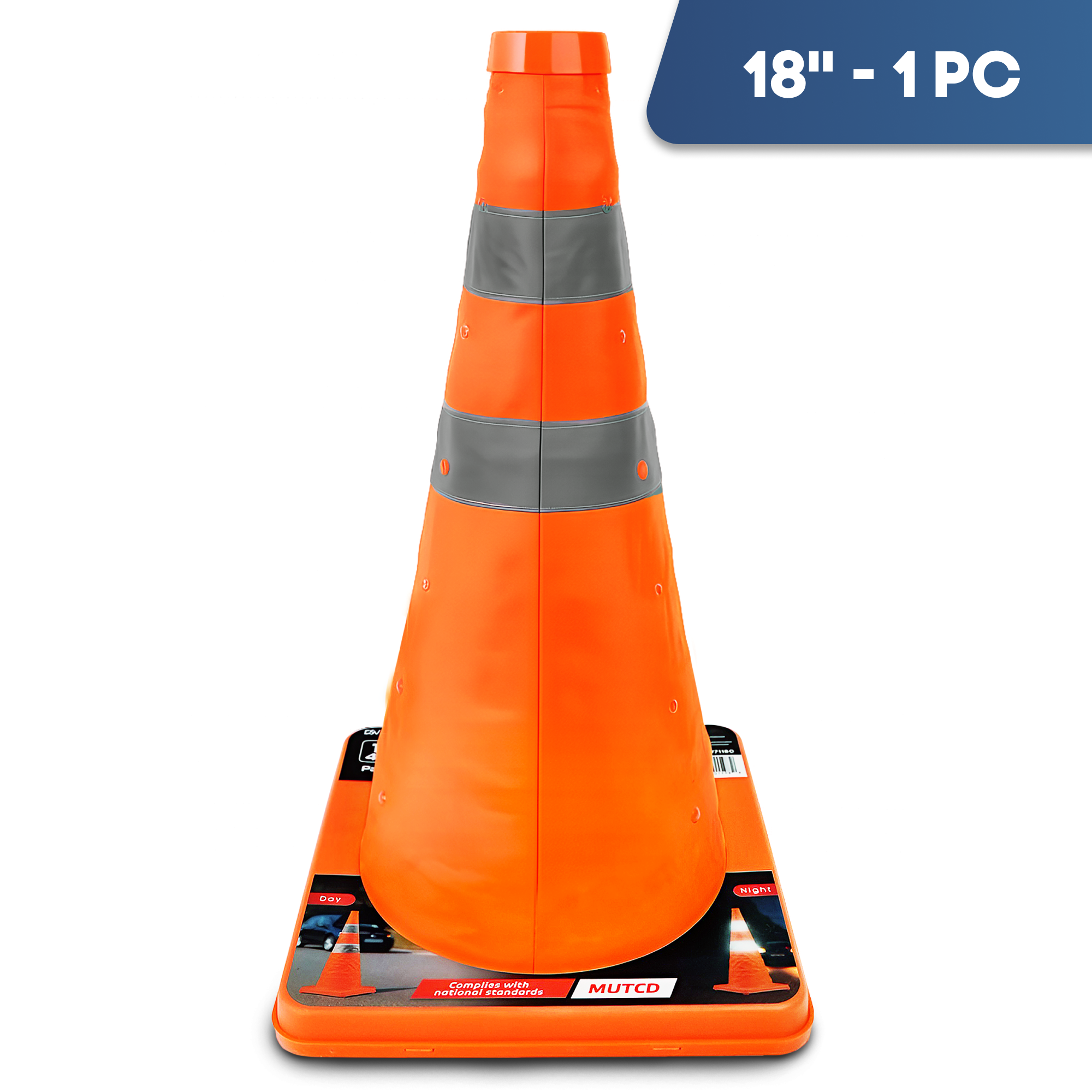 DSV Collapsible Traffic Cone 18’’ with Reflective Collars - 1 PK, Orange, Nylon Body