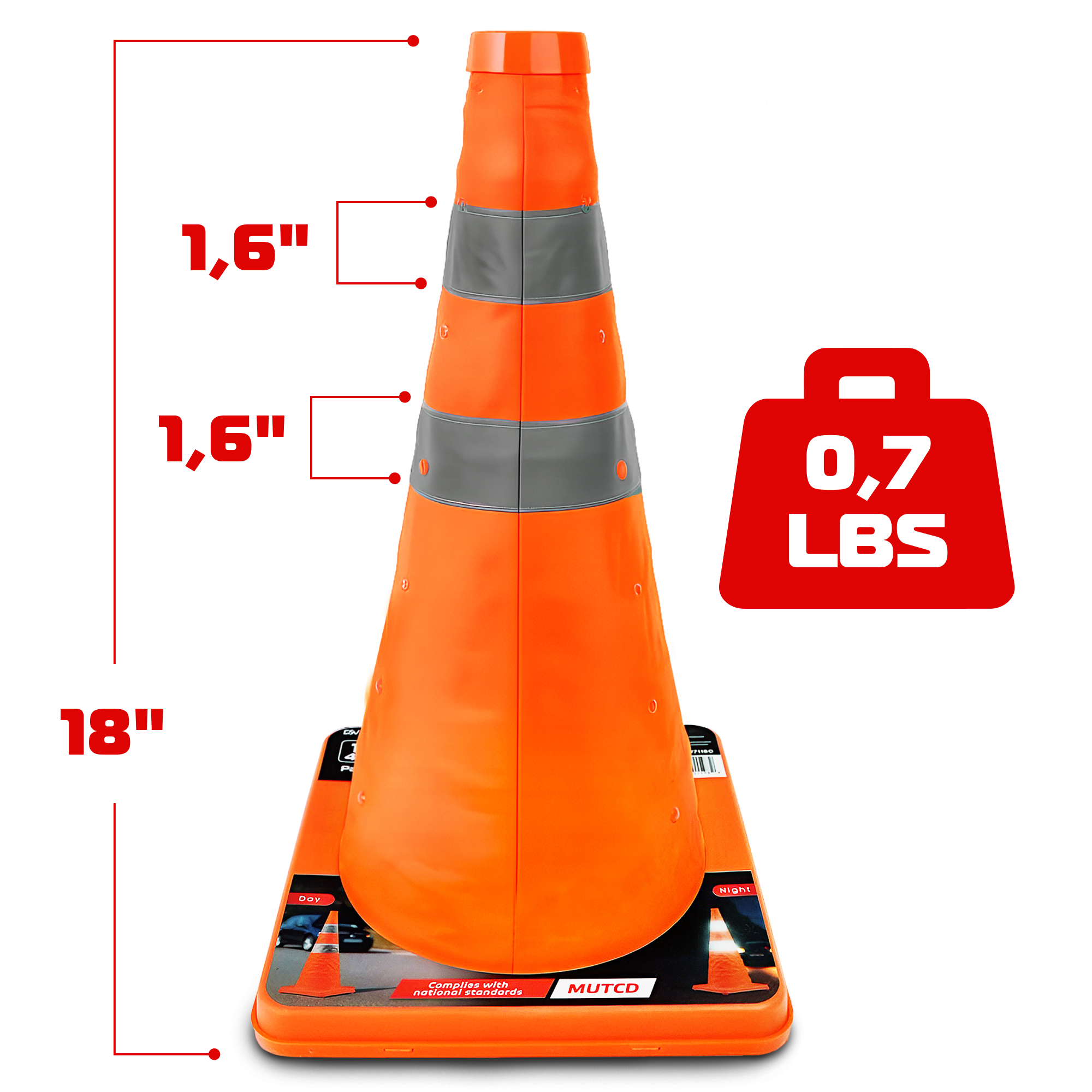 DSV Collapsible Traffic Cone 18’’ with Reflective Collars - 1 PK, Orange, Nylon Body