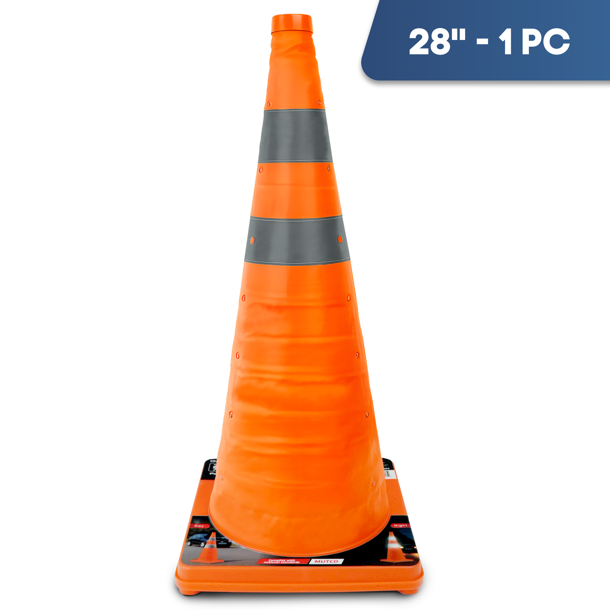 DSV Collapsible Traffic Cone 28’’ with Reflective Collars - 1 PK, Orange, Nylon Body