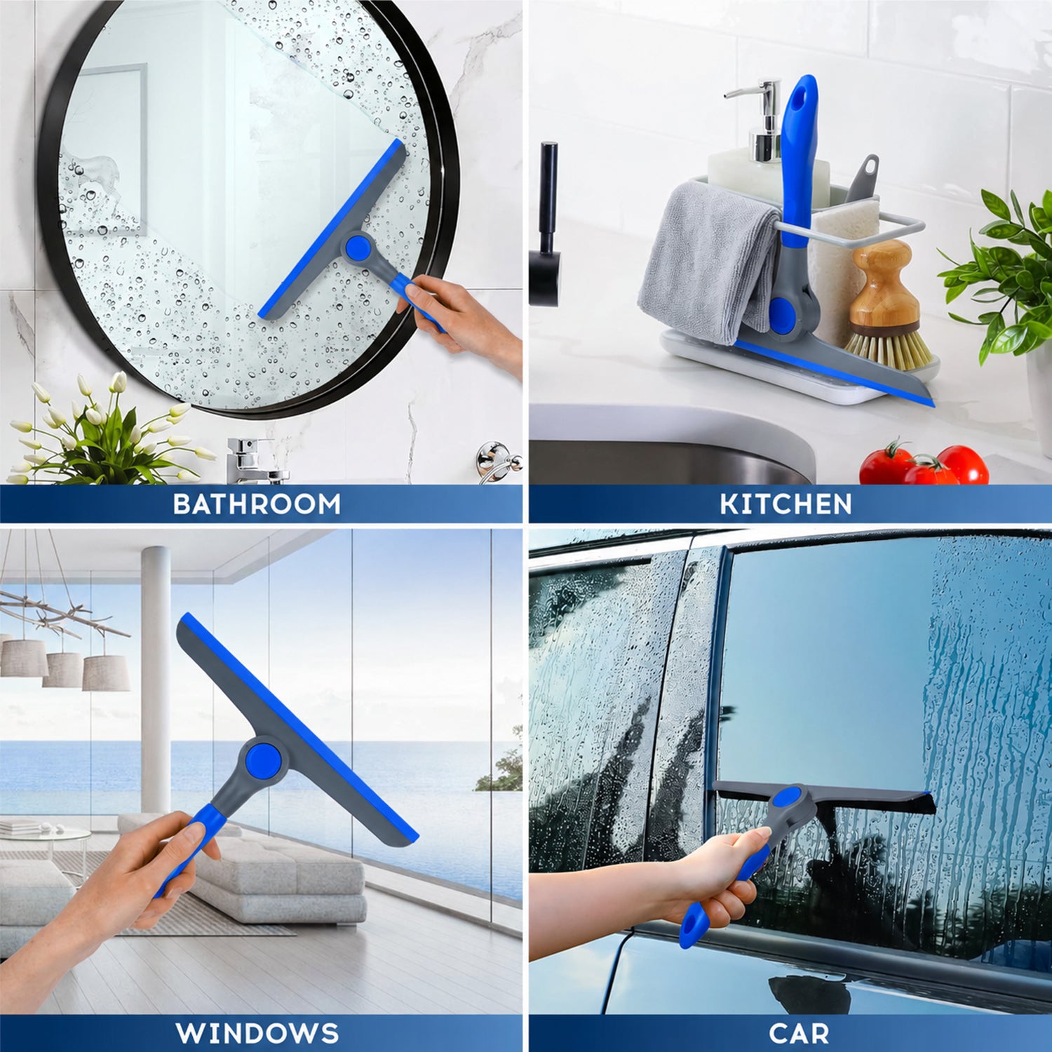 DSV Standard Shower Squeegee for Glass Doors, Squeegee for Window Cleaning, All Purpose Window Cleaner Tool | Mini Window Squeegee for Home | 10" Blade and 8.3" Handle, Blue