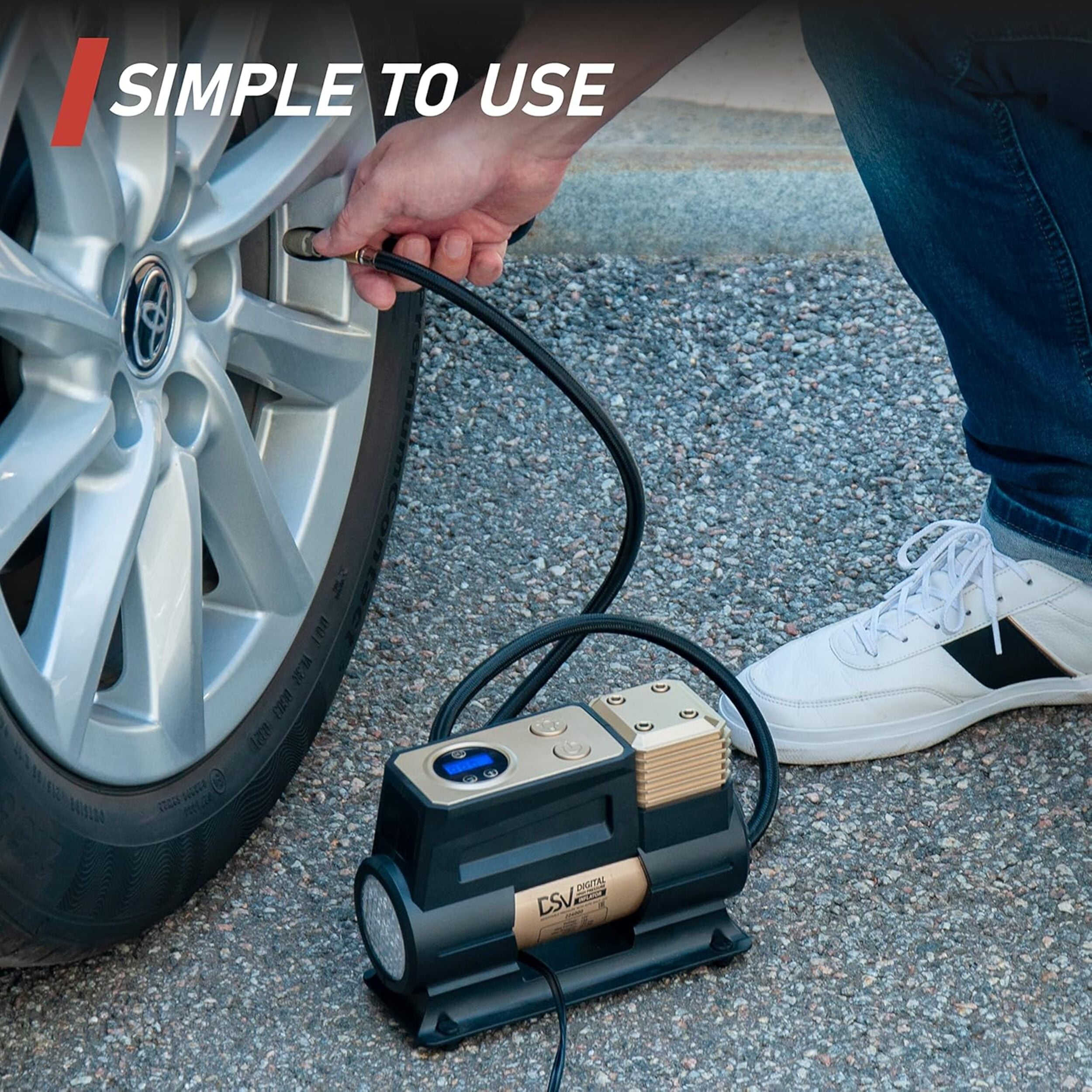 DSV Standard Digital Single Cylinder Portable Air Compressor 150PSI Tire Inflator with Auto Shut Off, 12V DC Air Pump for Car Tires with Digital Pressure Gauge and Led Light