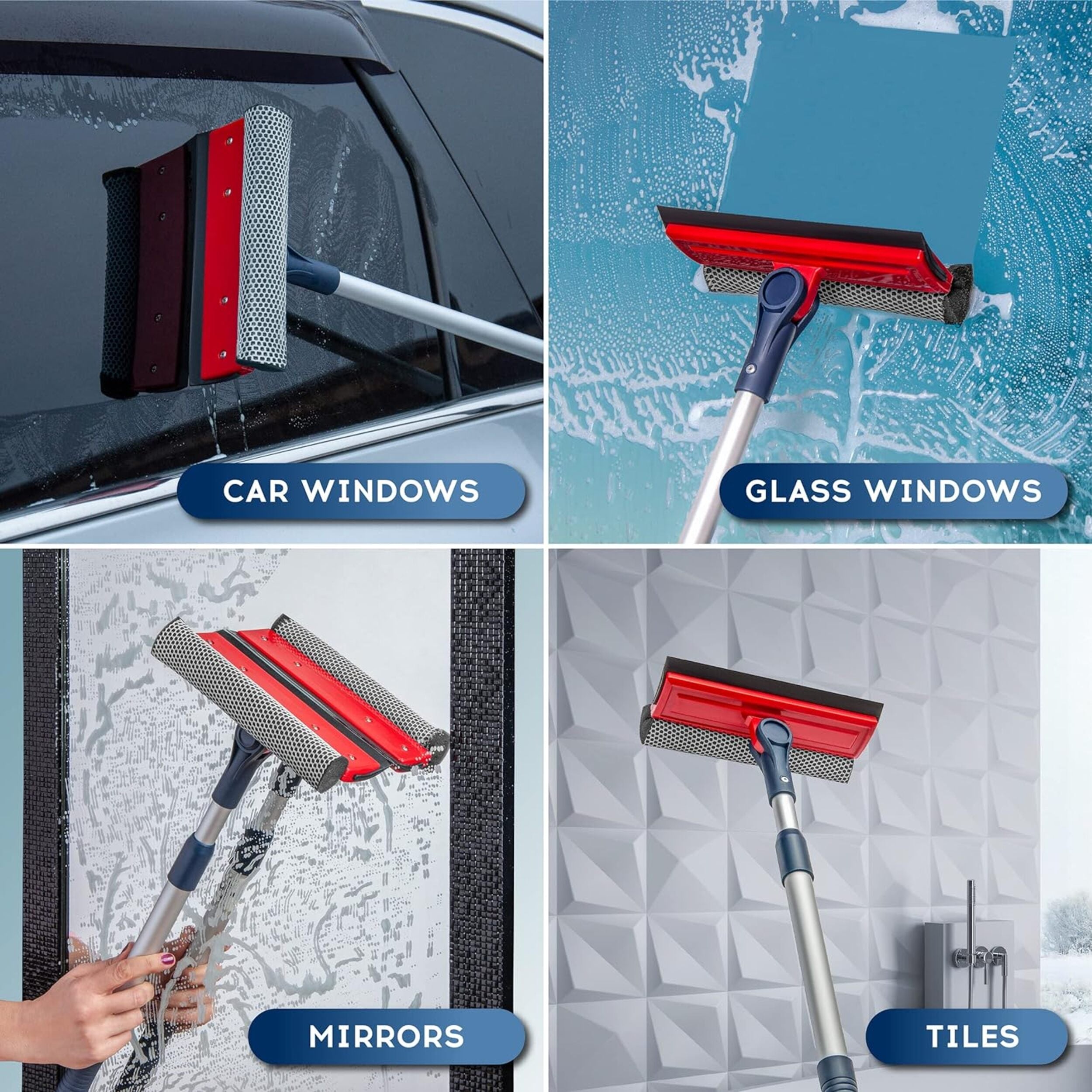 DSV Standard Professional Window Squeegee | 2-in-1 Window Cleaner Sponge and Soft Rubber Strip With Telescopic Extension Pole 20"-30" | Clean From Multiple Angles