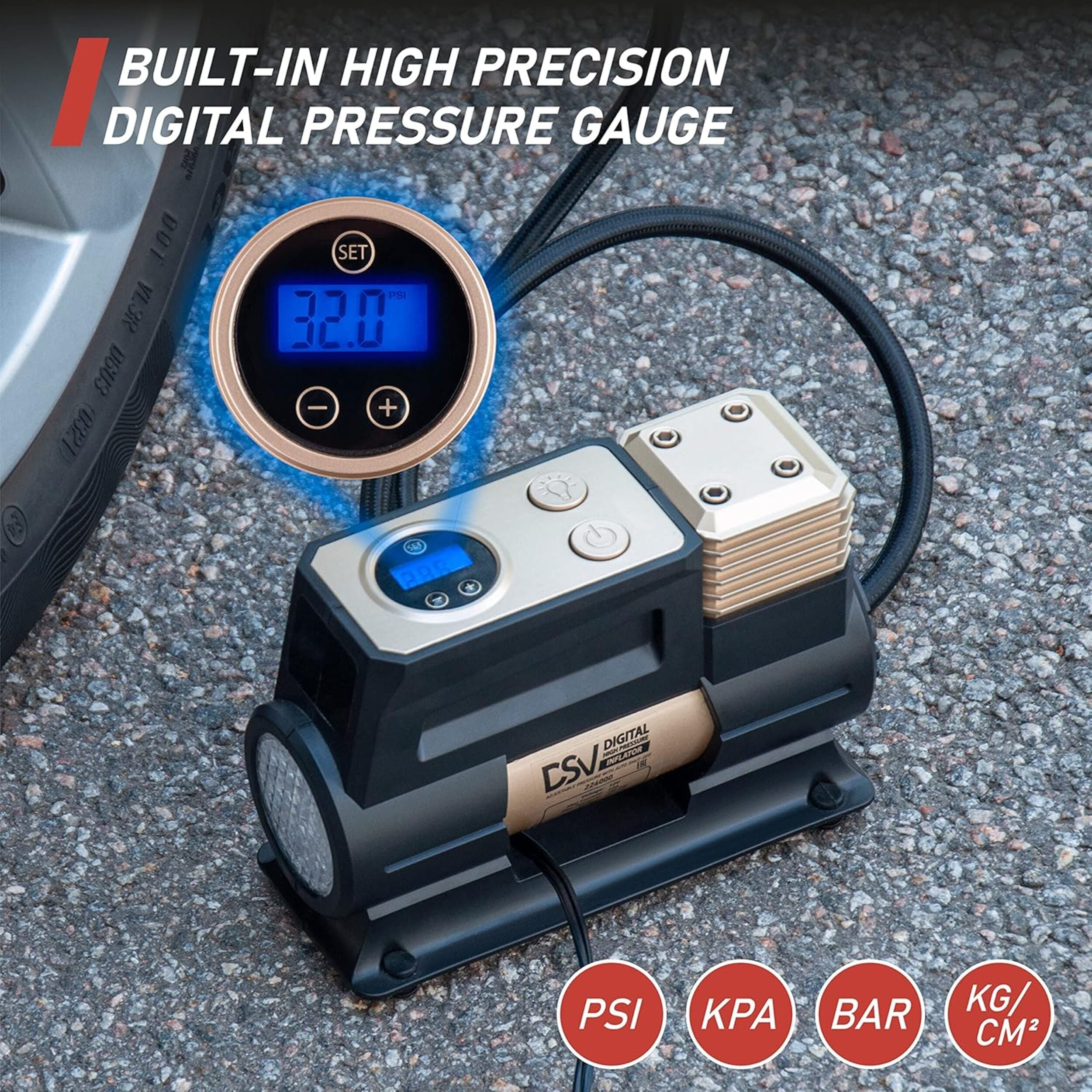 DSV Standard Digital Single Cylinder Portable Air Compressor 150PSI Tire Inflator with Auto Shut Off, 12V DC Air Pump for Car Tires with Digital Pressure Gauge and Led Light