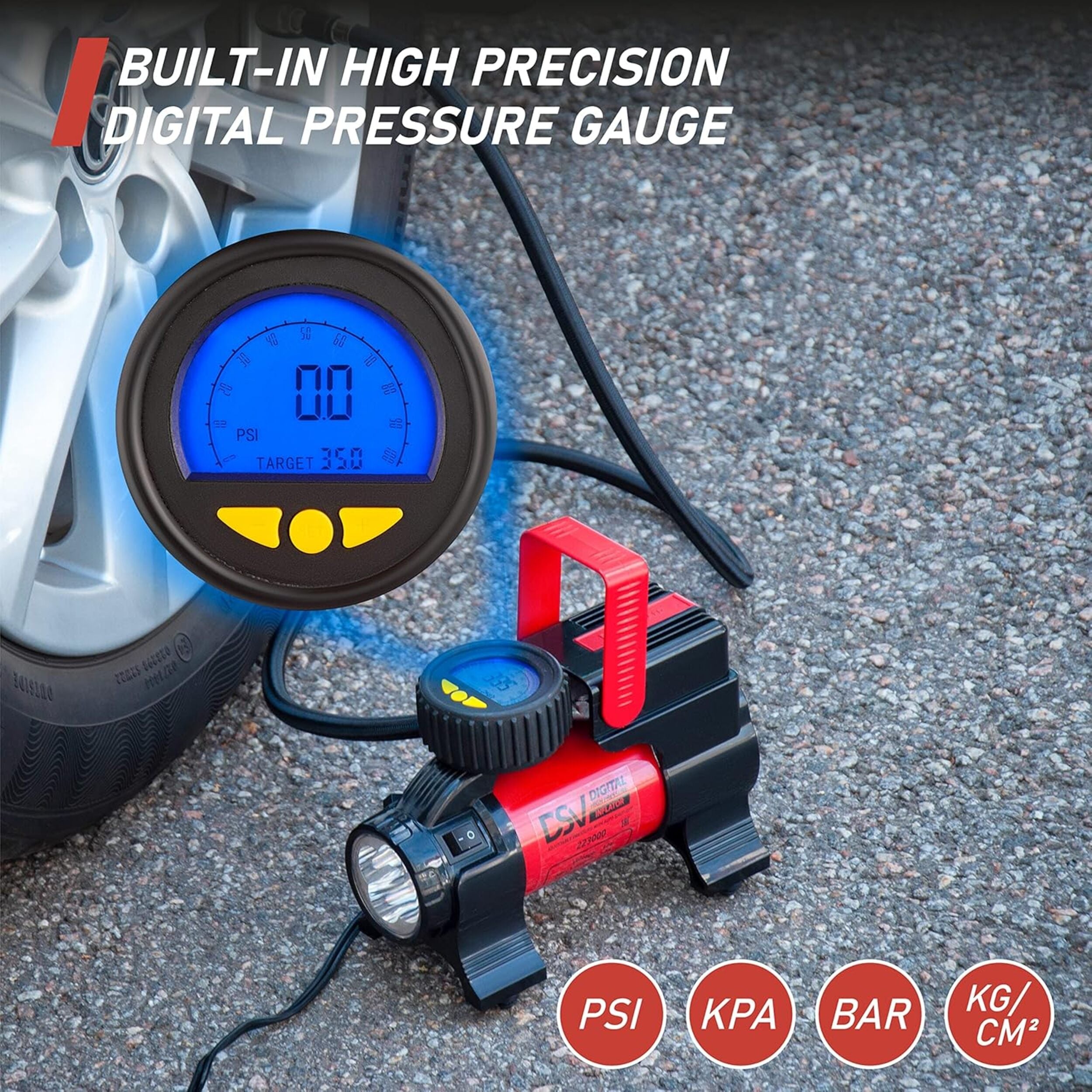 DSV Standard Air Compressor Tire Inflator 12V DC Portable 150PSI Tire Pump for Car Tires with Automatic Shut Off, Digital Pressure Gauge and Led Light. for Car, Bicycle, Inflatables