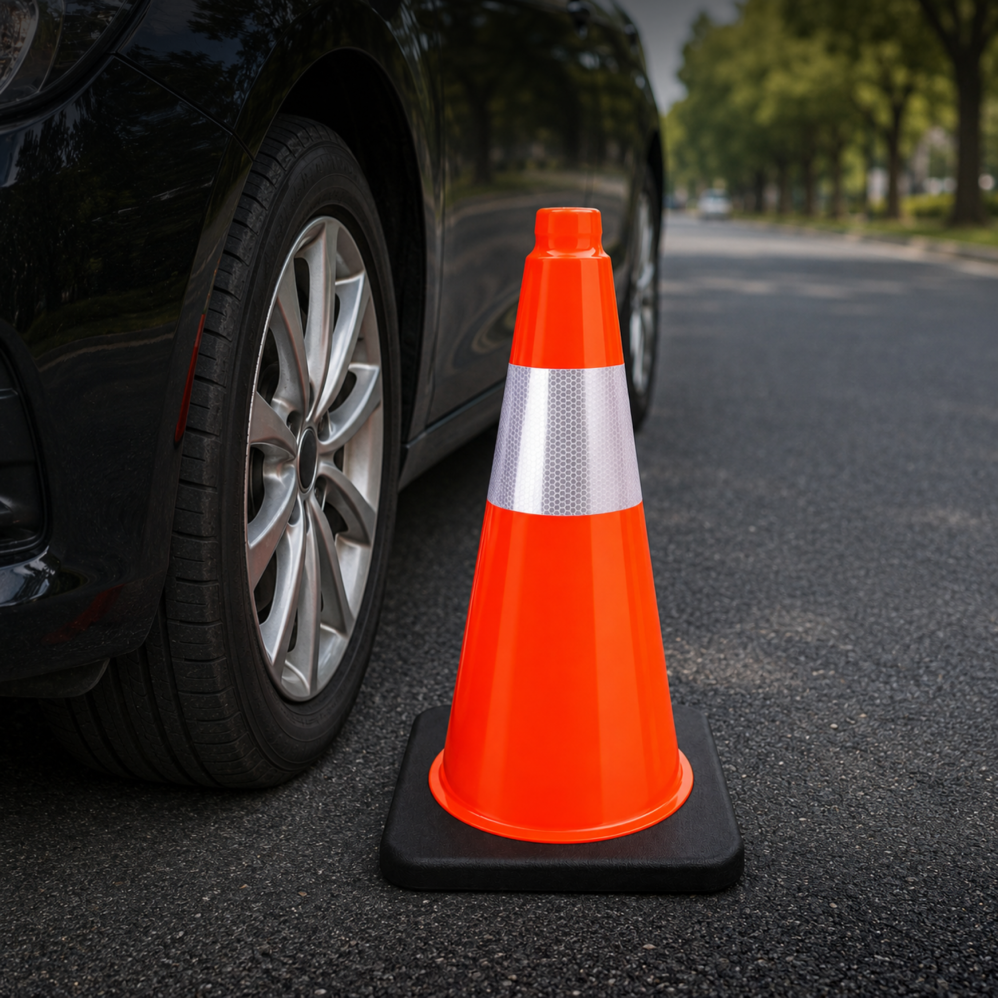 DSV Traffic Safety Cones 18’’ with Heavy Black Base and Reflective Collar - 1 PK, Orange, PVC