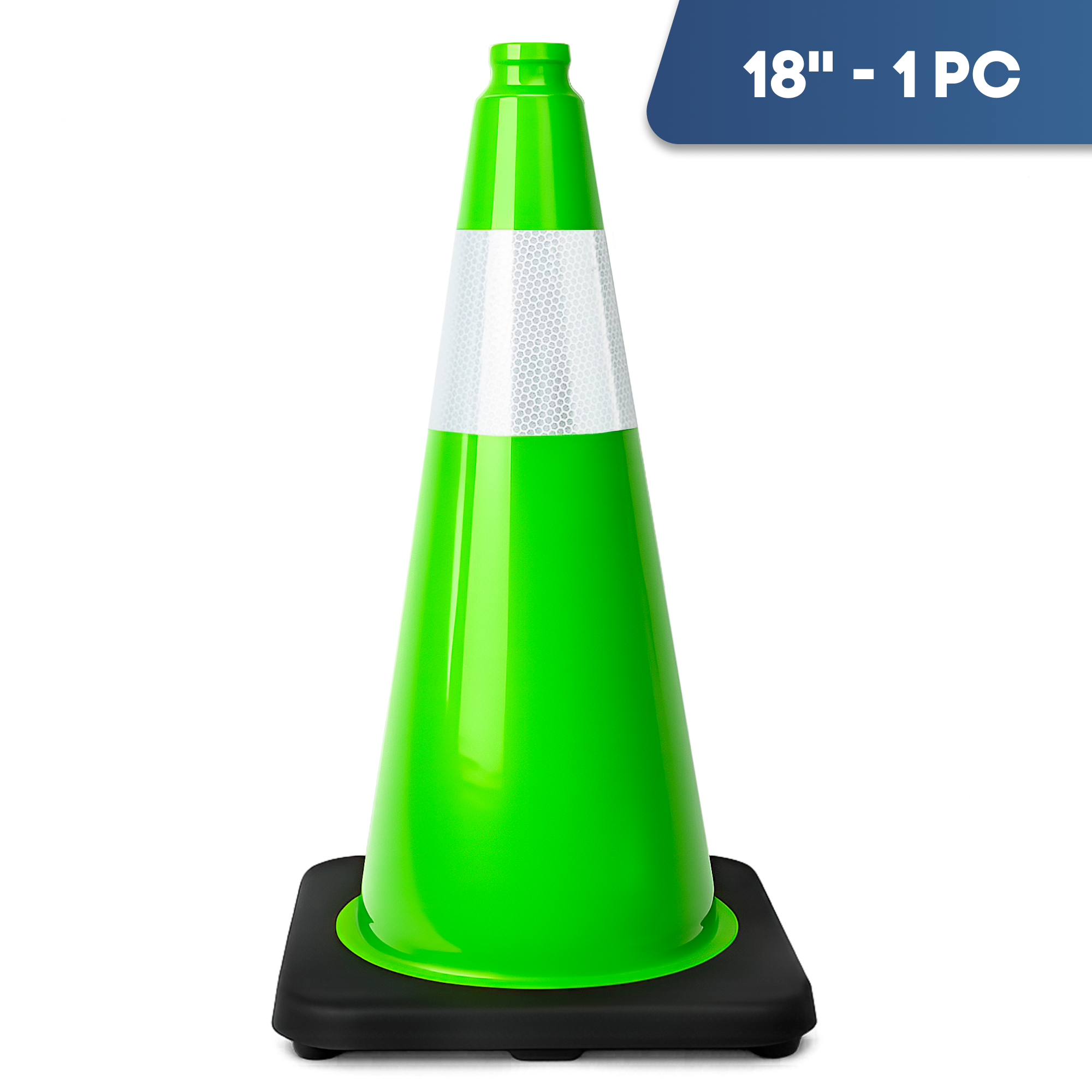 DSV Traffic Safety Cone 18’’ with Heavy Black Base and Reflective Collar - 1 PK, Green, PVC