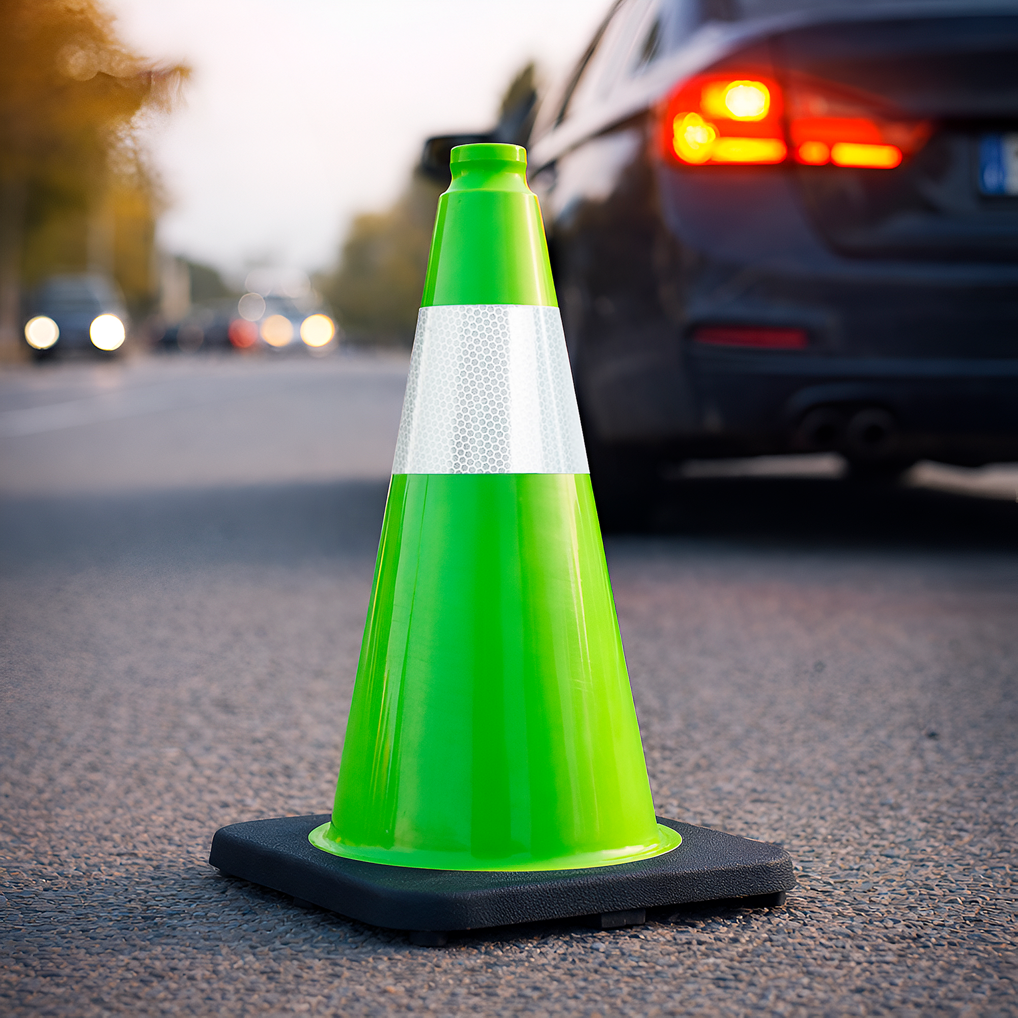 DSV Traffic Safety Cone 18’’ with Heavy Black Base and Reflective Collar - 1 PK, Green, PVC