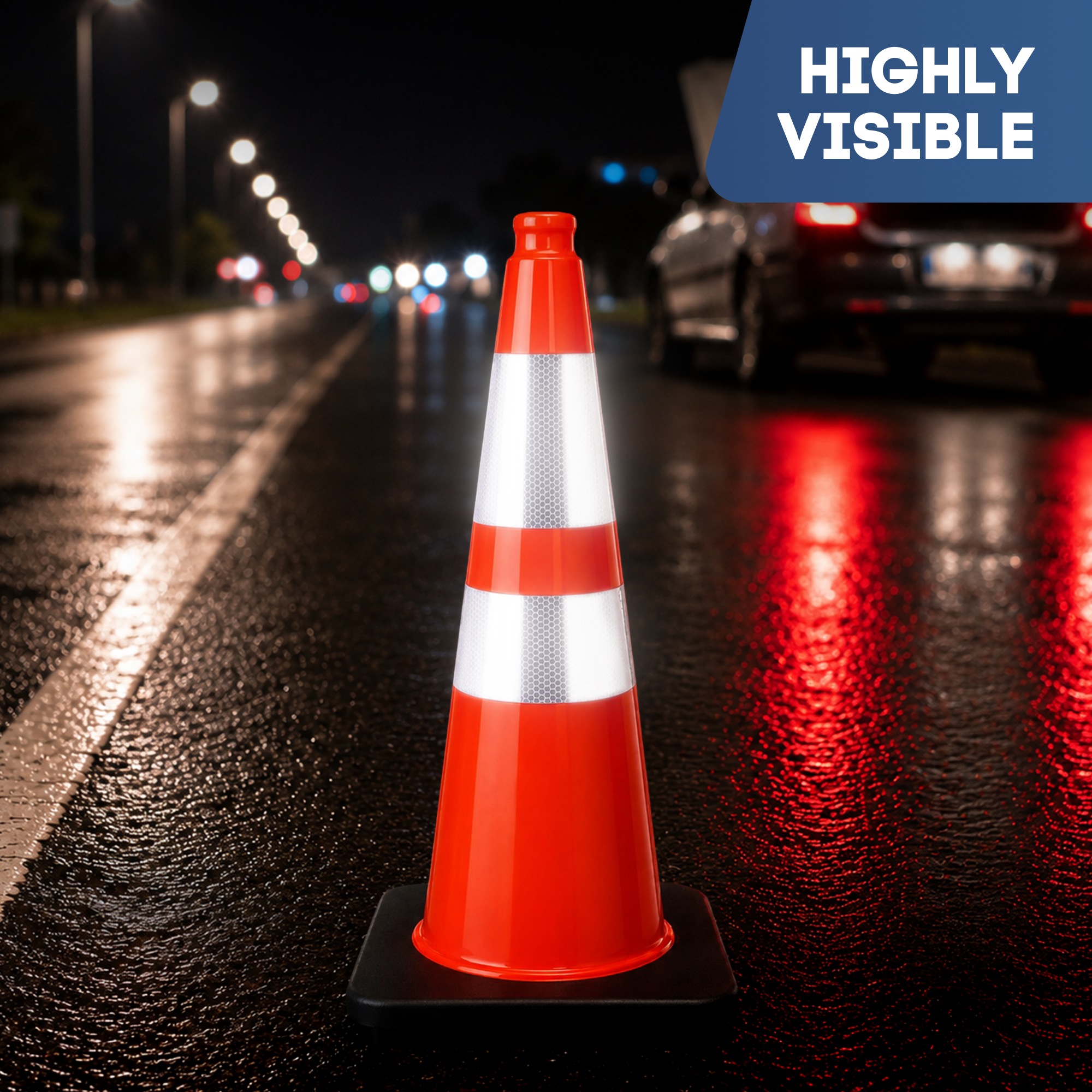DSV Traffic Safety Cones 28’’ with Heavy Black Base and Reflective Collar - 1 PK, Orange, PVC