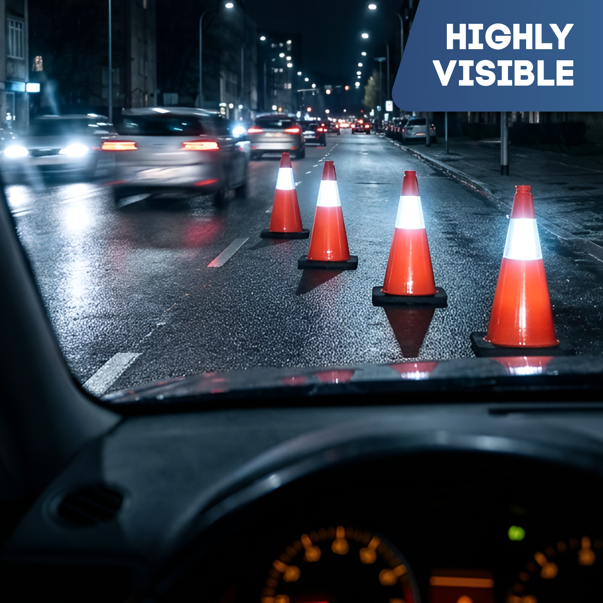 DSV Traffic Safety Cones 18’’ with Heavy Black Base and Reflective Collar - 4 PK, Orange, PVC