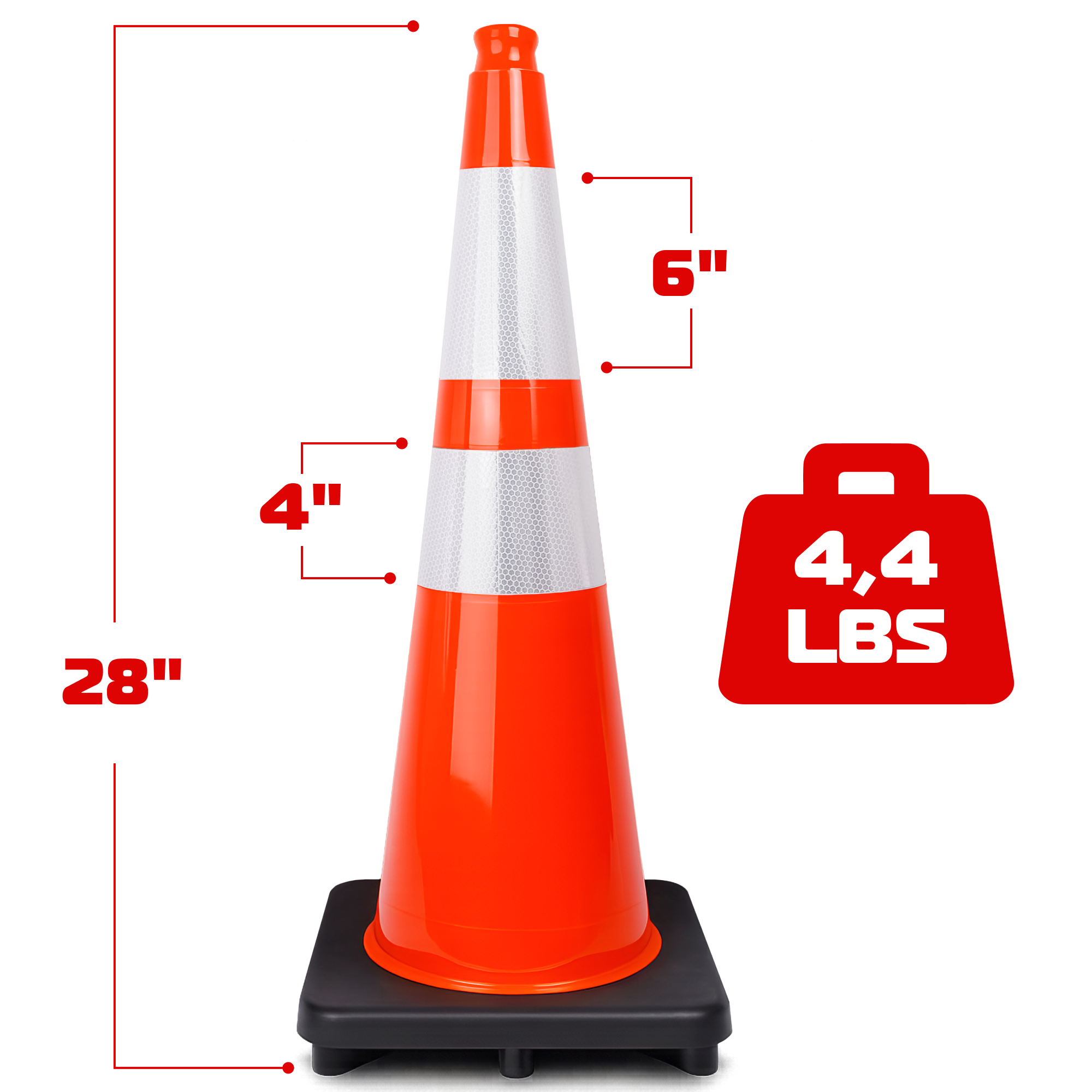 DSV Traffic Safety Cones 28’’ with Heavy Black Base and Reflective Collar - 4 PK, Orange, PVC