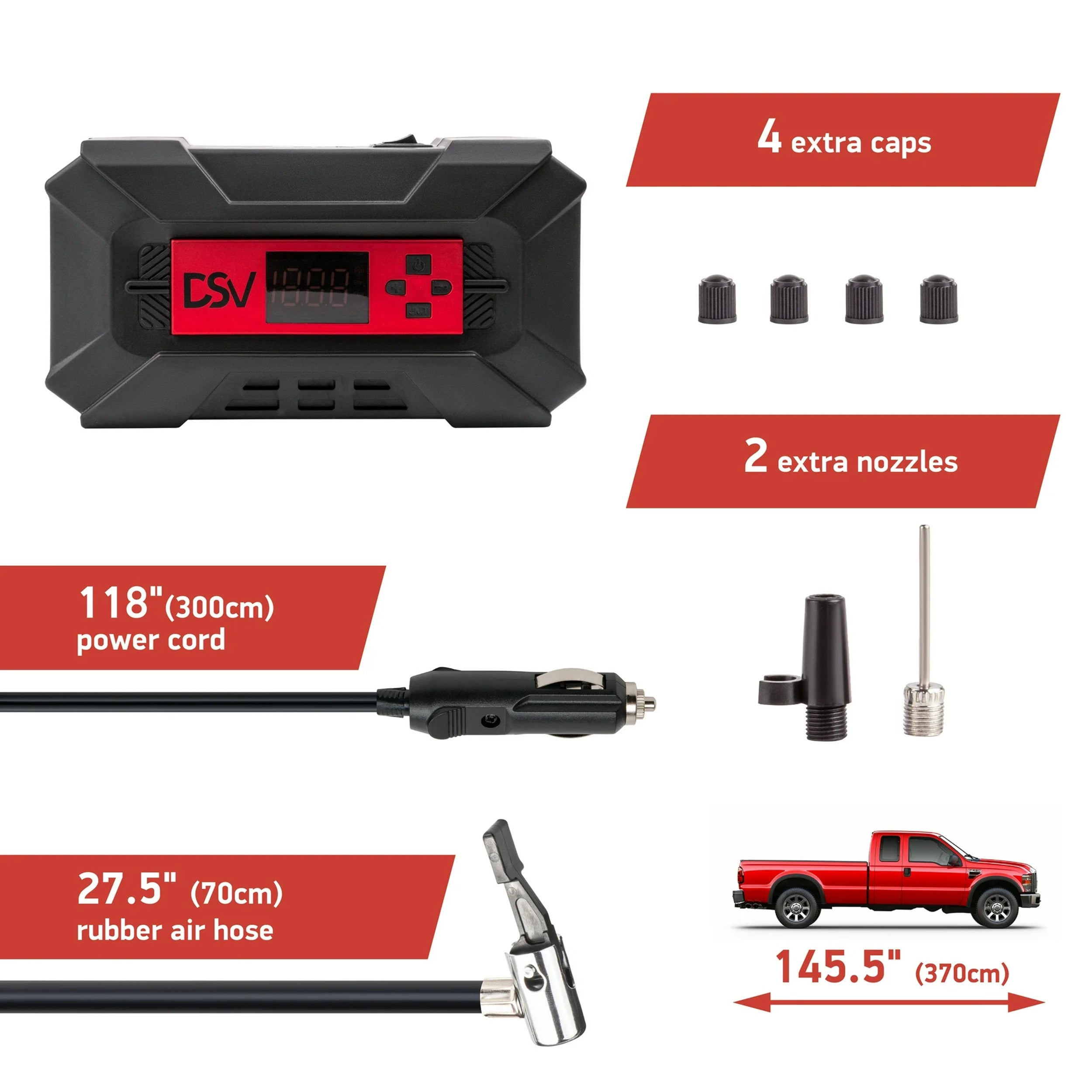 DSV Standard Compact Air Compressor Tire Inflator,12V DC 150PSI Air Pump with Digital Pressure Gauge, Auto Shut Off, Bright LED Light and Quick-Release Connector, Ideal For Car Tires, Bicycle