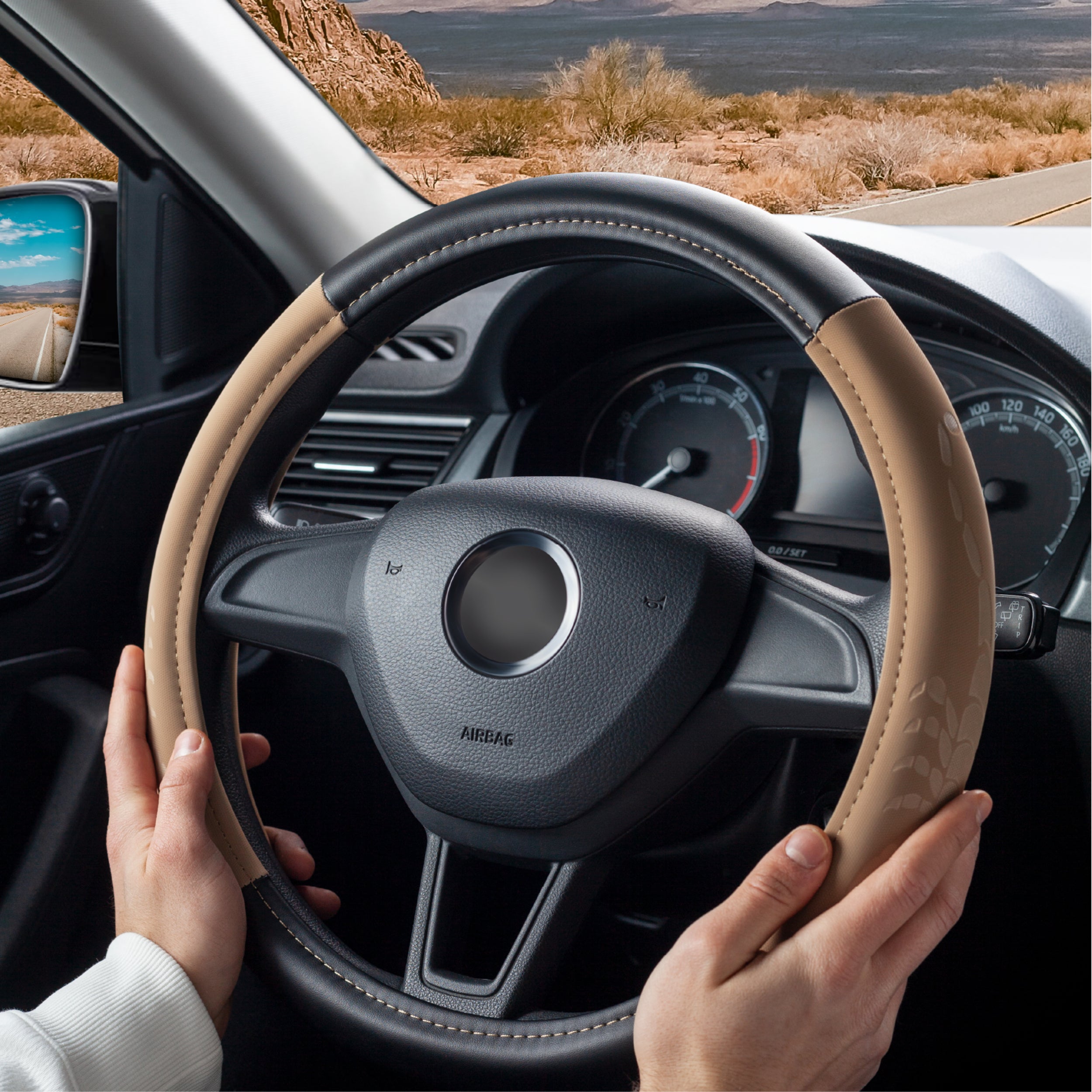 DSV Standard | Beige Leather Car Steering Wheel Cover |Breathable, Anti - Slip Odorless | Warm in Winter and Cool in Summer | Genuine Leather Steering Wheel Cover 15'' (37-39 cm)