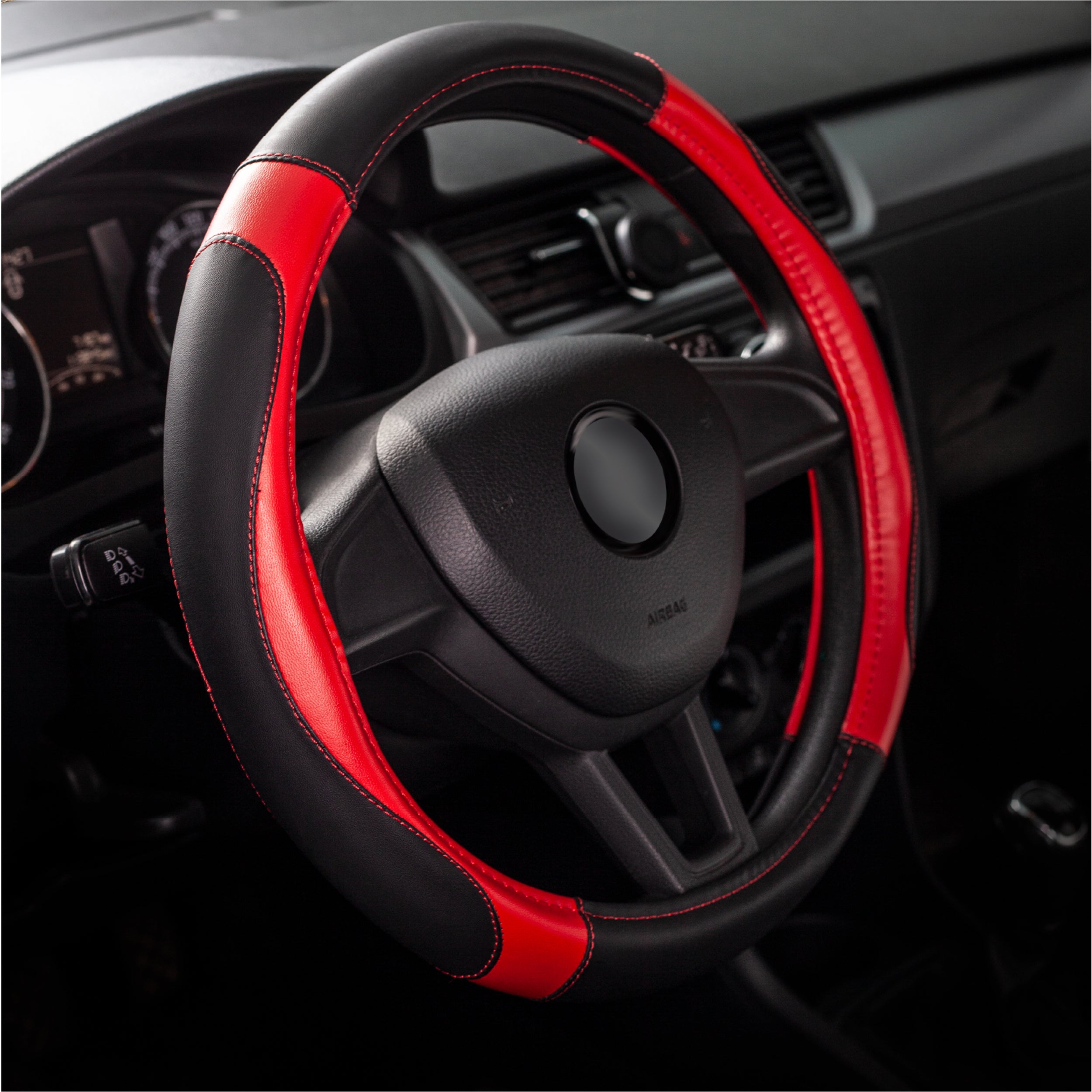 DSV Standard | Red Leather Car Steering Wheel Cover |Breathable, Anti - Slip Odorless | Warm in Winter and Cool in Summer | Genuine Leather Steering Wheel Cover 15'' (37-39 cm)