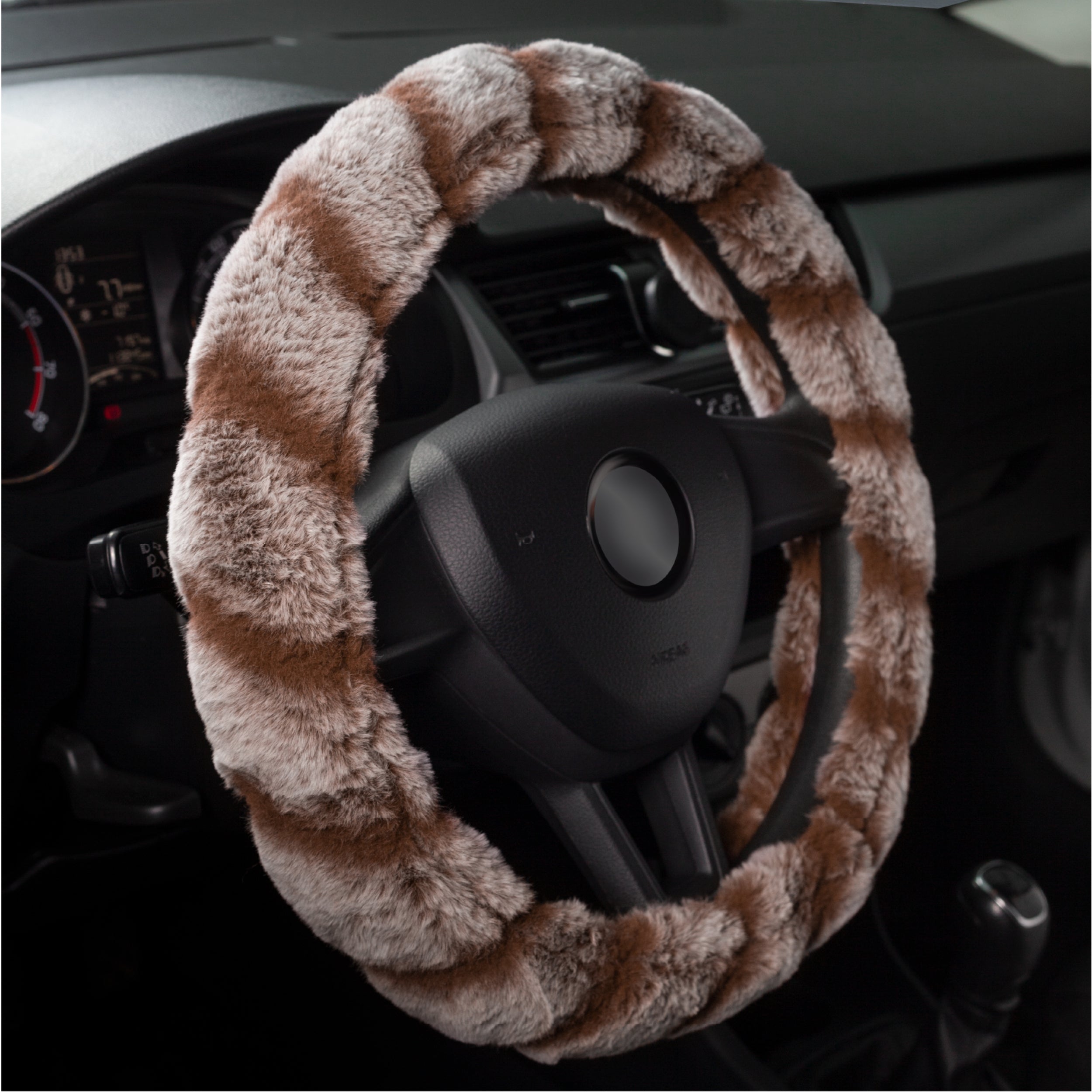 DSV Standard Brown Fluffy Faux Wool Car Steering Wheel Cover - Plush Fur, Warm Fuzzy Steering Wheel Wrap - Decorative Automotive Accessory for Car/Truck/SUV 15'' (37-39CM)