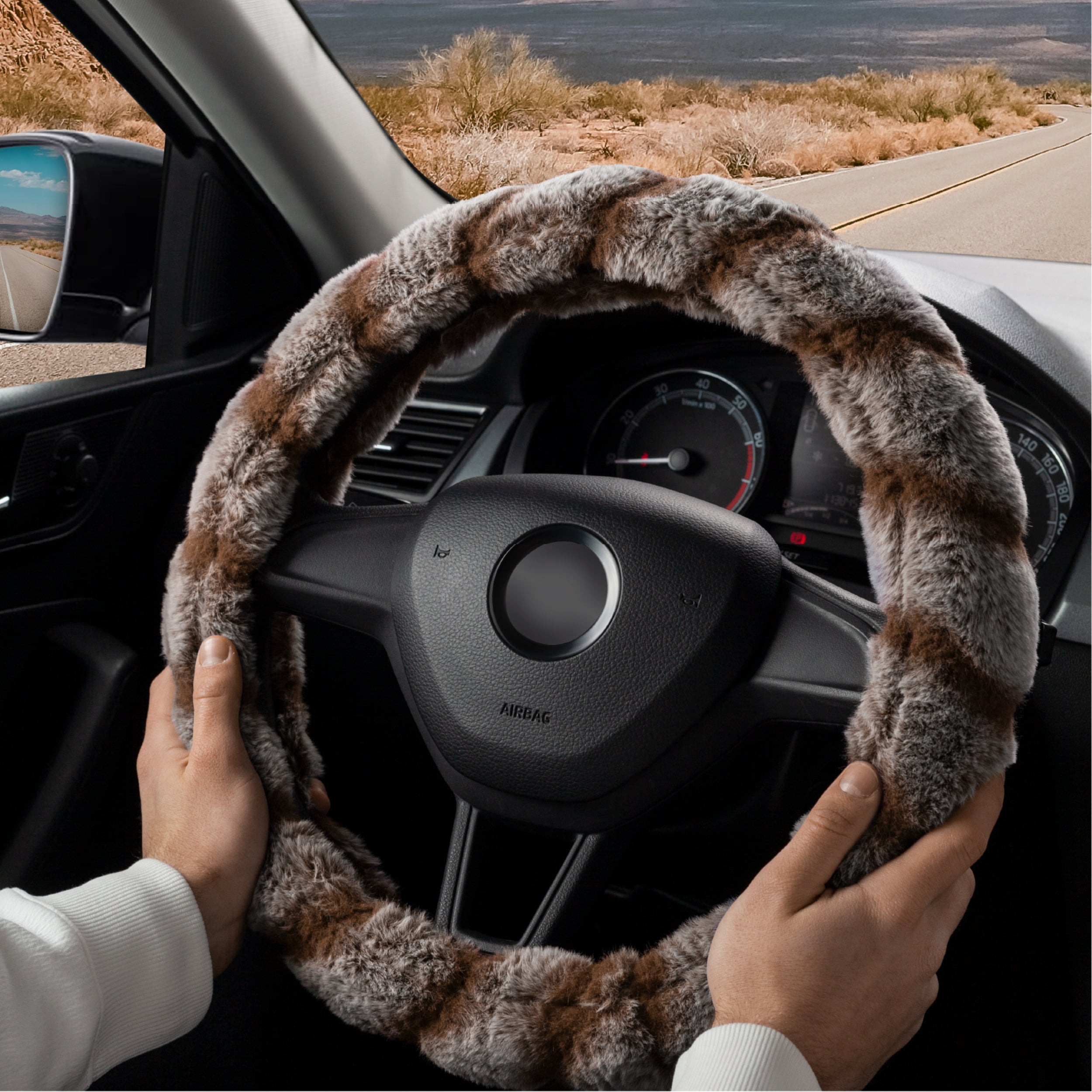 DSV Standard Brown Fluffy Faux Wool Car Steering Wheel Cover - Plush Fur, Warm Fuzzy Steering Wheel Wrap - Decorative Automotive Accessory for Car/Truck/SUV 15'' (37-39CM)