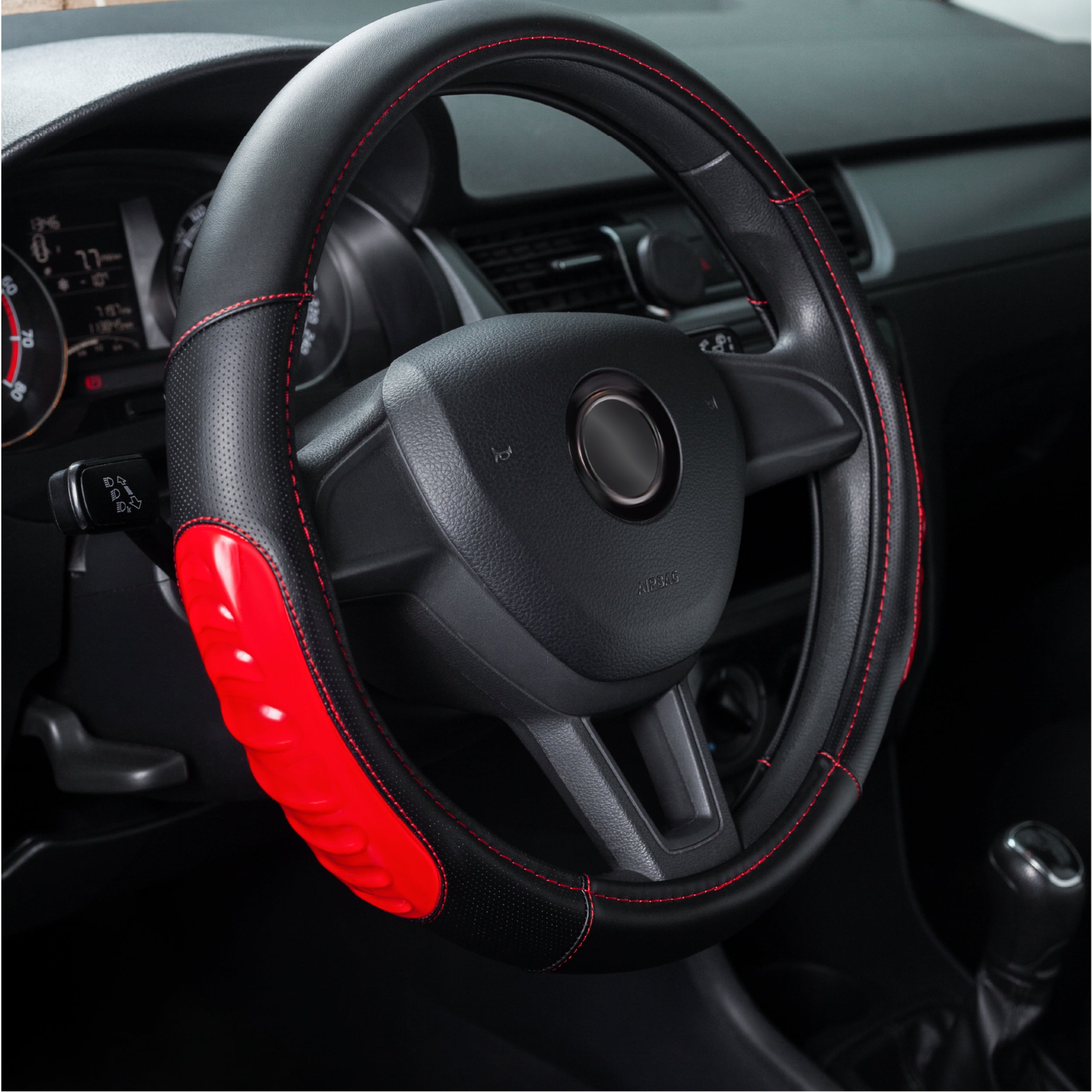 DSV Standard | Red Black Leather Car Steering Wheel Cover |Breathable, Anti - Slip Odorless | Warm in Winter and Cool in Summer | Genuine Leather Steering Wheel Cover 15'' (37-39 cm)