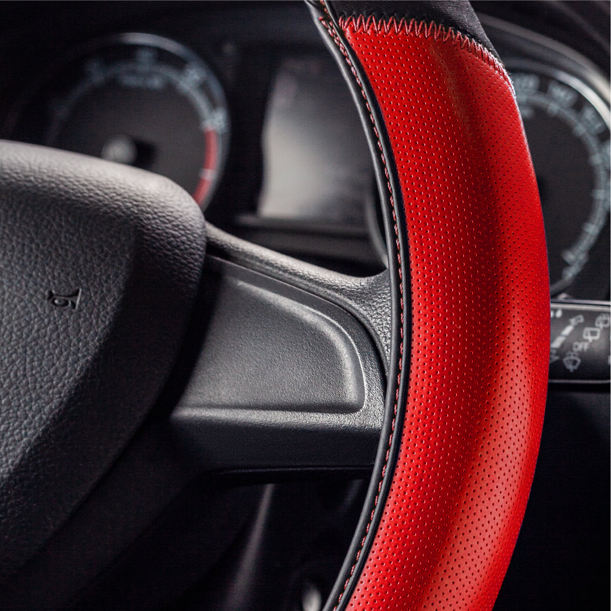 DSV Standard | Red Leather Car Steering Wheel Cover |Breathable, Anti - Slip Odorless | Warm in Winter and Cool in Summer | Genuine Leather Steering Wheel Cover 15'' (37-39 cm)