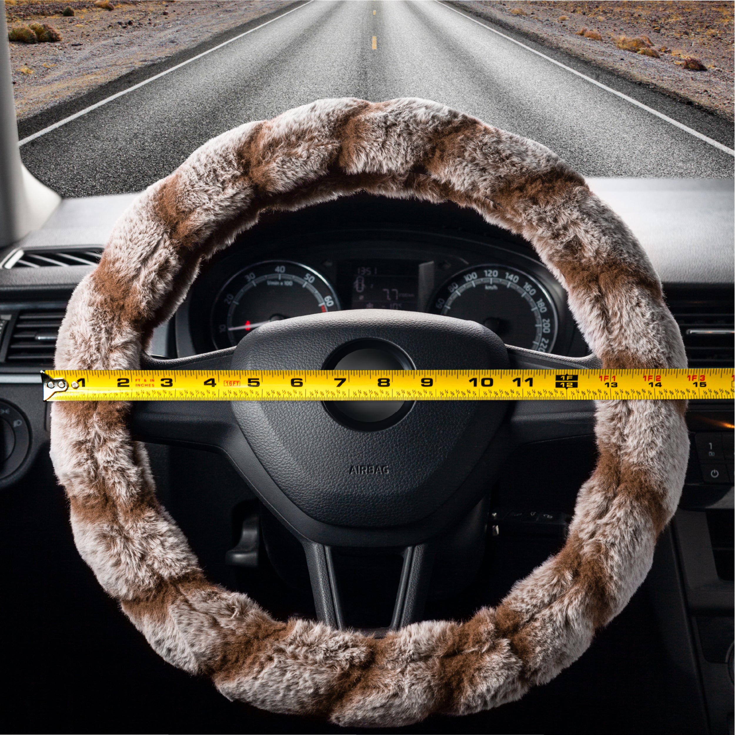 DSV Standard Brown Fluffy Faux Wool Car Steering Wheel Cover - Plush Fur, Warm Fuzzy Steering Wheel Wrap - Decorative Automotive Accessory for Car/Truck/SUV 15'' (37-39CM)