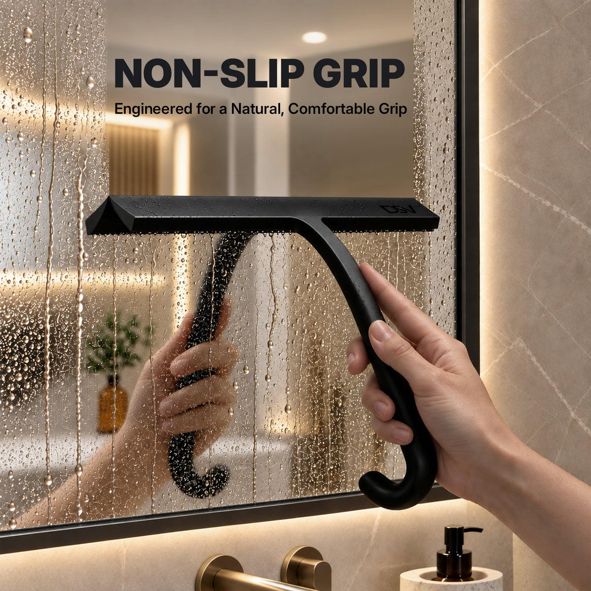 DSV Silicone Squeegee for Glass Doors 10 Inch, Shower Squeegee with Built-in Hook for Shower Glass, Tile, Mirror, Window, 1-Pack, Black