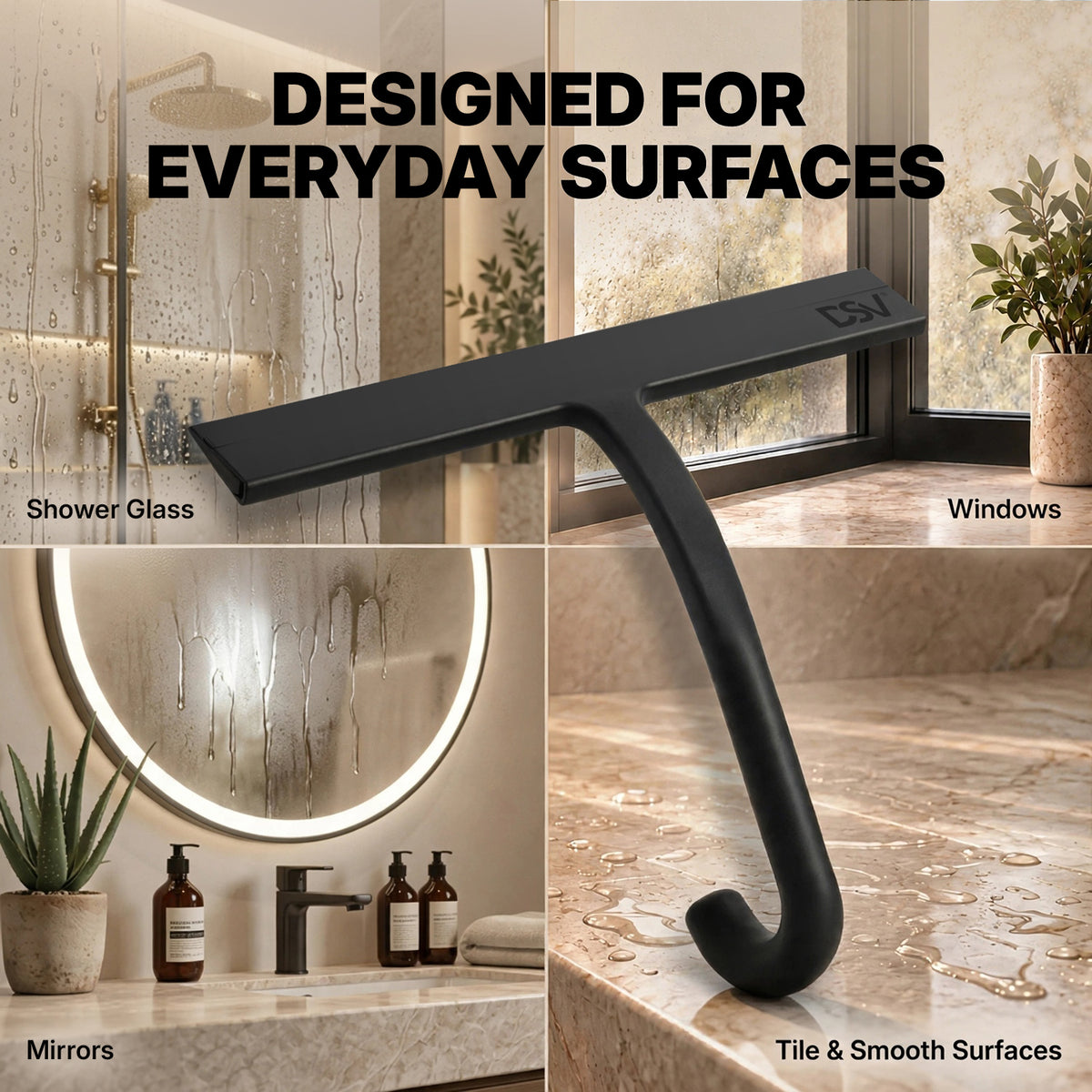 DSV Silicone Squeegee for Glass Doors 10 Inch, Shower Squeegee with Built-in Hook for Shower Glass, Tile, Mirror, Window, 1-Pack, Black