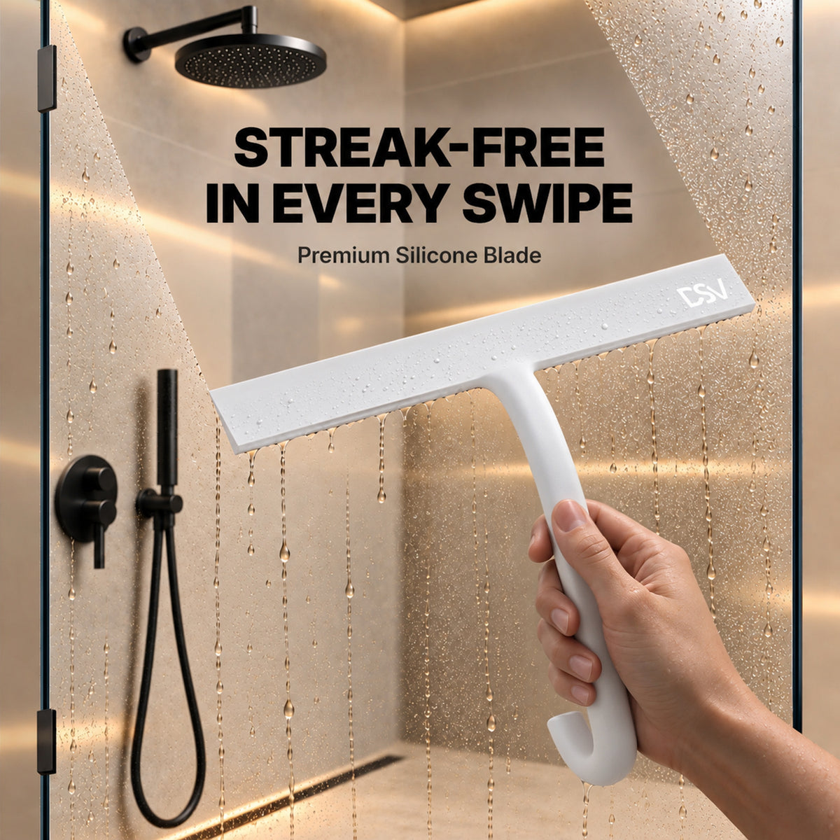DSV Silicone Squeegee for Glass Doors 10 Inch, Shower Squeegee with Built-in Hook for Shower Glass, Tile, Mirror, Window, 1-Pack, White